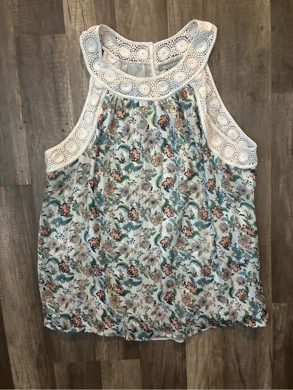 Daniel Rainn White Crochet Yoke Floral Halter Tank with Peach and Teal Accents